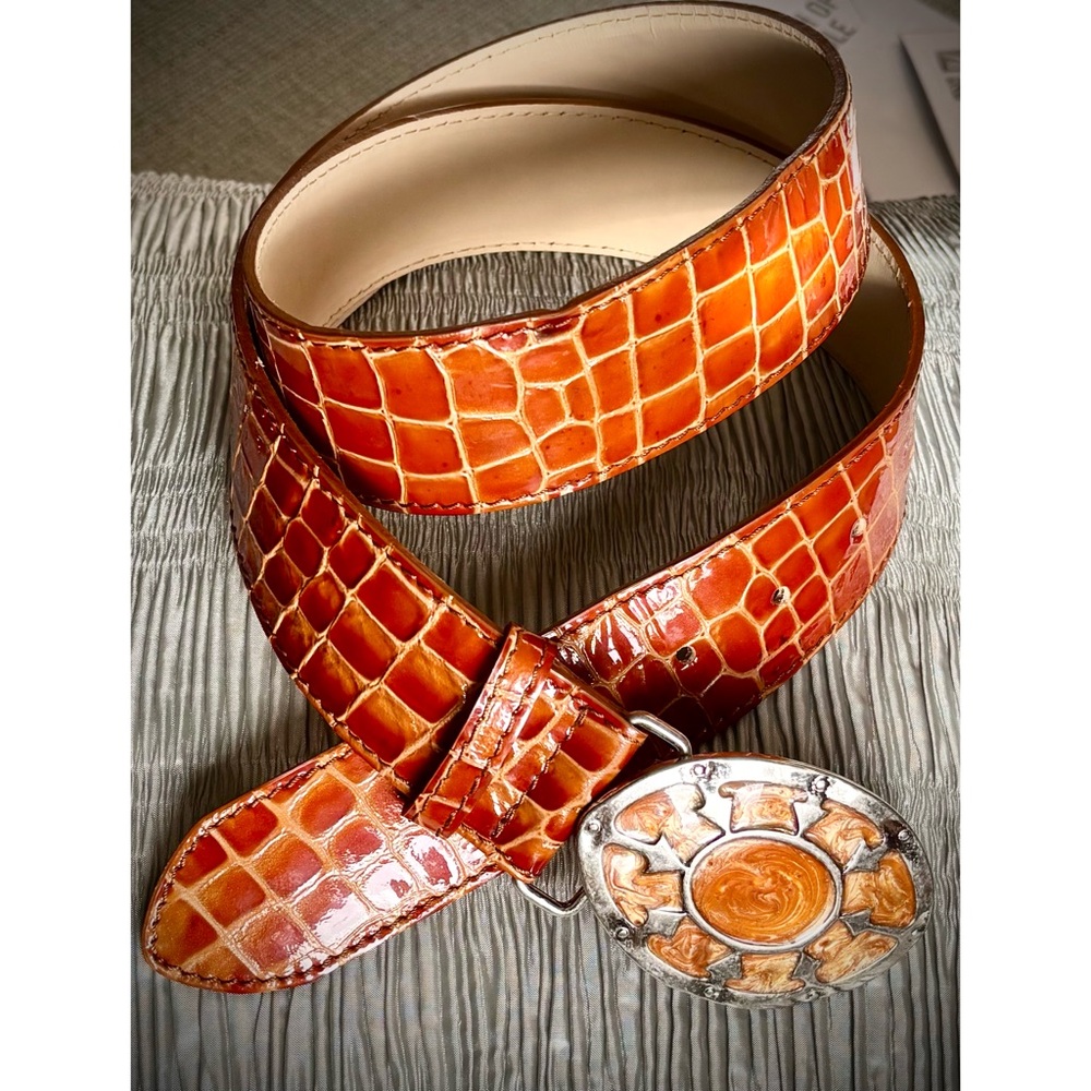 Genuine Leather Rust Garuglieri Italian Made Crocodile Pattern Embossed Belt-MED - Picture 3 of 12